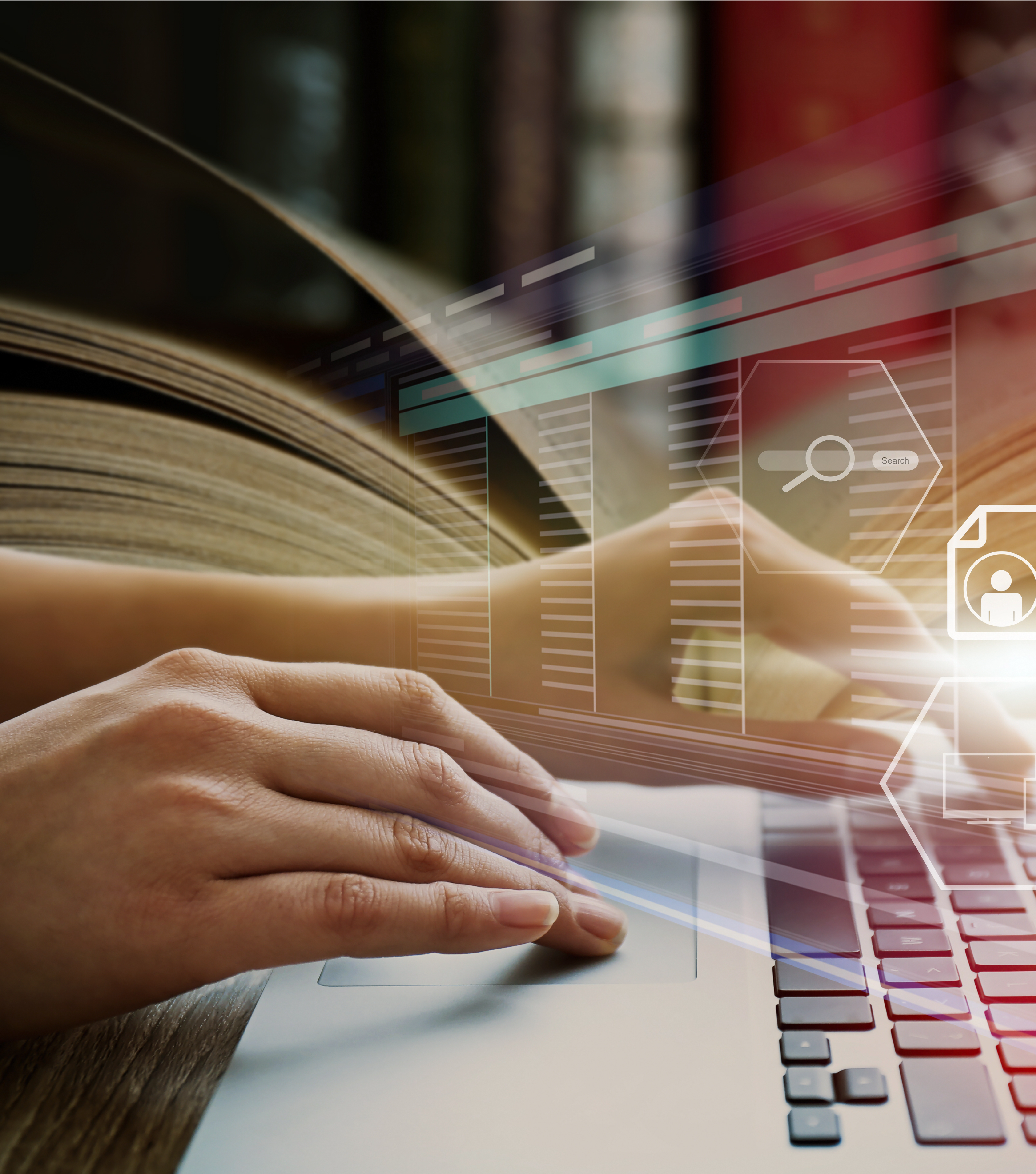 Image of person using laptop in library with illustration of virtual icons